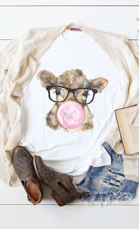 Bubble gum cow with glasses graphic tee