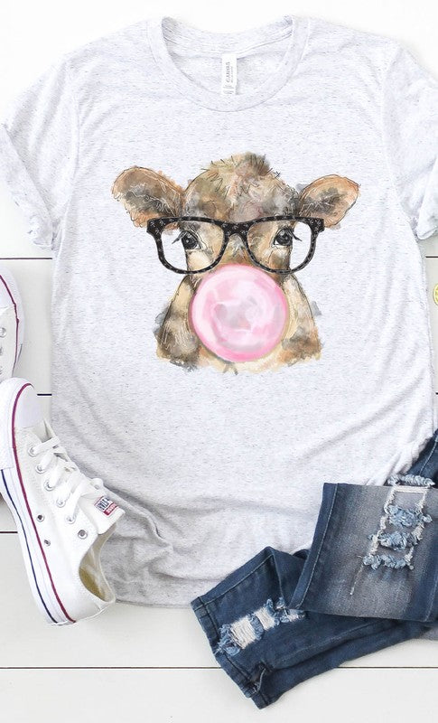 Bubble gum cow with glasses graphic tee