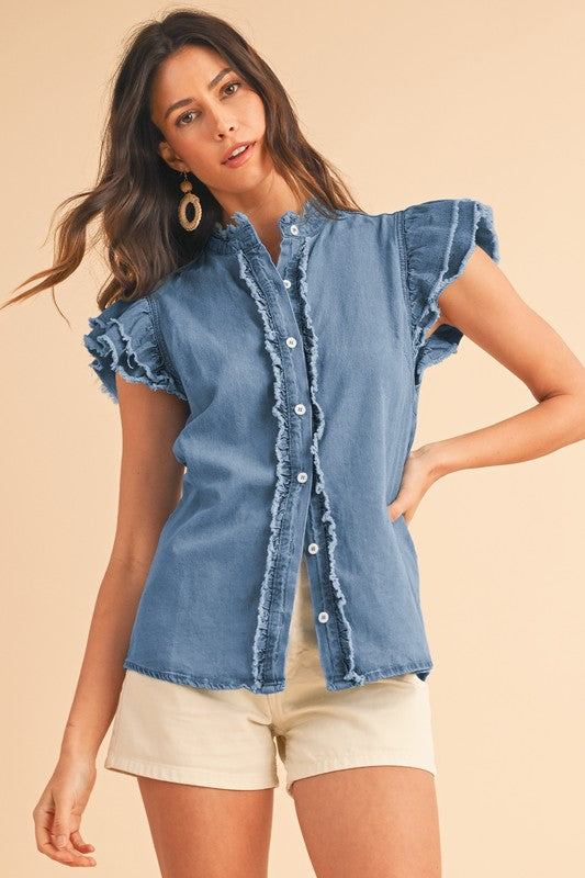 Button Front Ruffled Flutter Frayed Denim Top