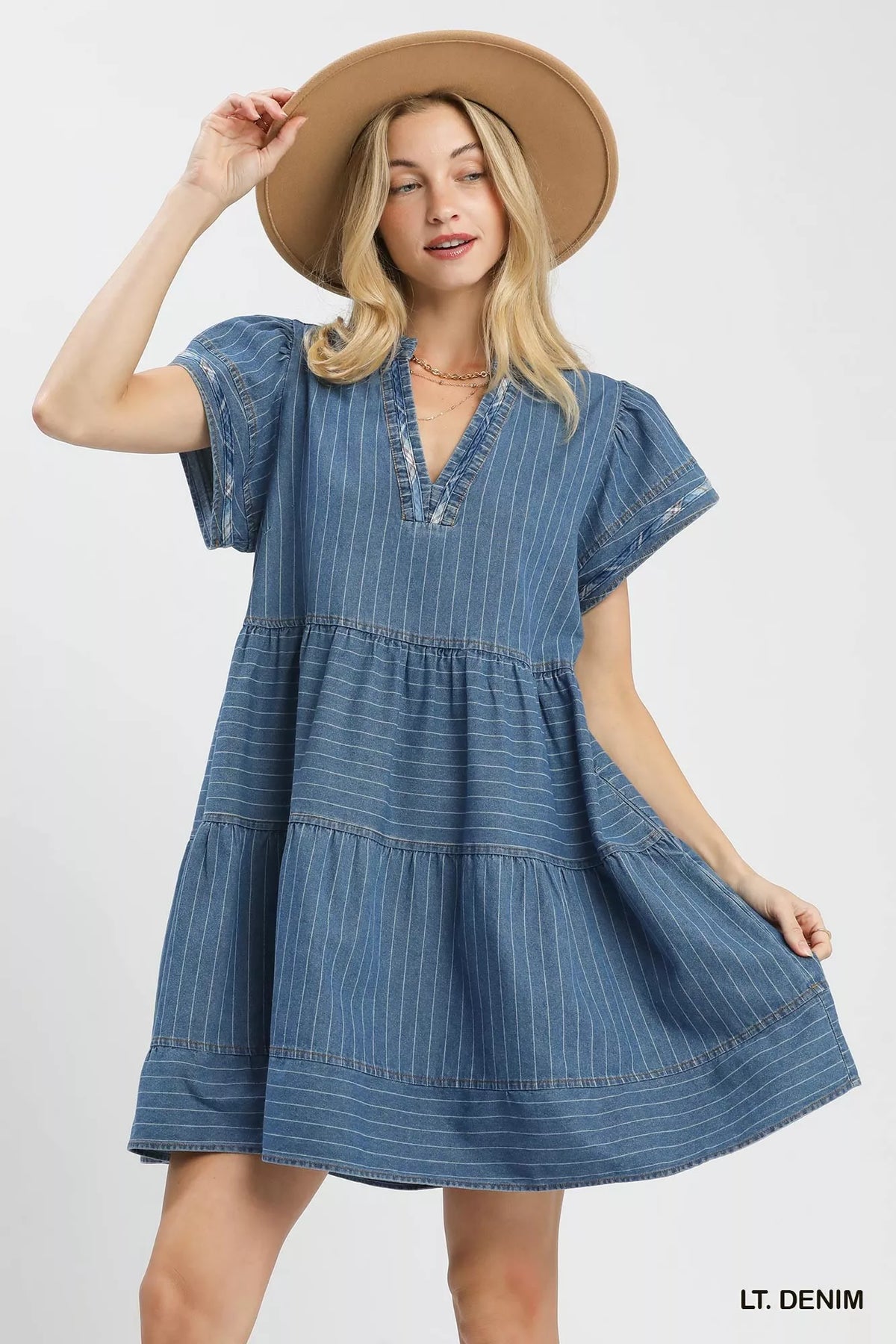 umgee denim dress Womens V-neck ruffle Drawstring Waist Frayed Denim Mini Dress Key Features Umgee Chambray Tiered Babydoll Dress