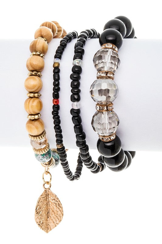 Leaf Charm Mix Beads Stretch Bracelet Set