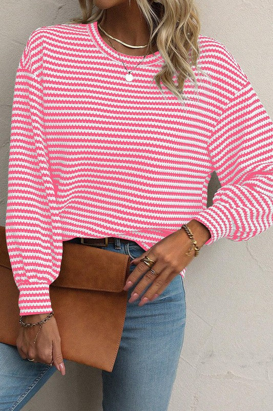 Striped Round Neck Drop Shoulder Long Sleeve Top