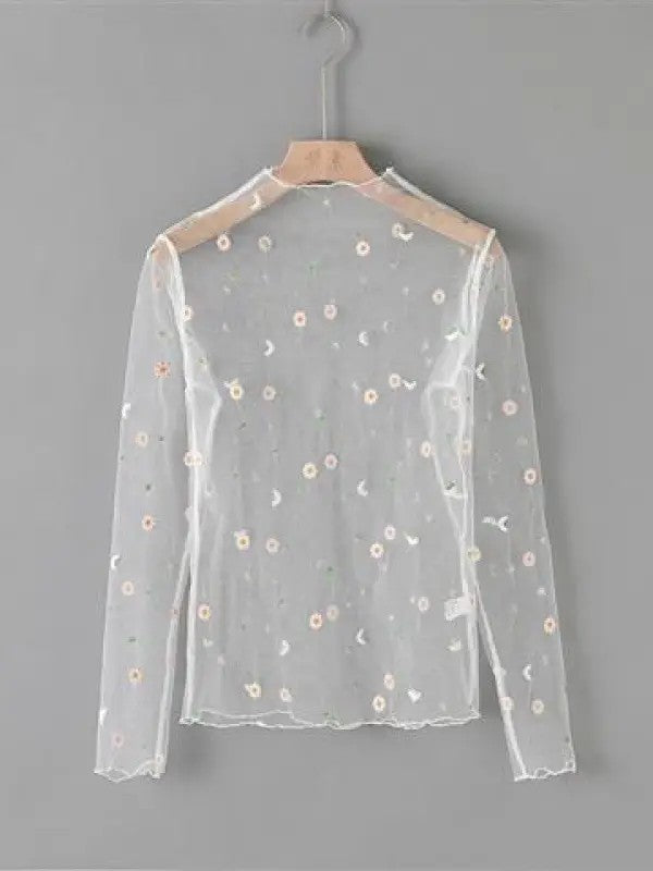 Mesh flower pattern long sleeve top