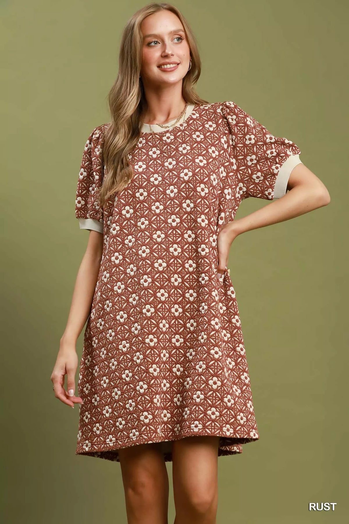 Umgee Floral Textured Puff Sleeve Mini Dress