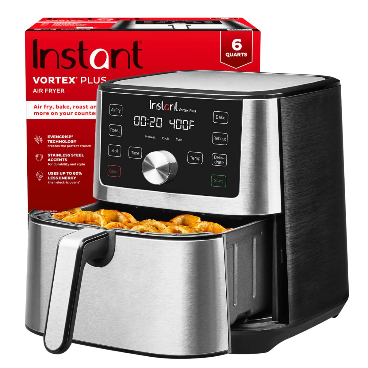 Instant Pot 6QT VORTEX+ Air Fryer, 6-in-1, Air Fry, Broil, Dehydrate, Crisp, Roast, Reheat, Bake, Dishwasher-Safe Airfryer basket, from the Makers of Instant Pot, Stainless Steel