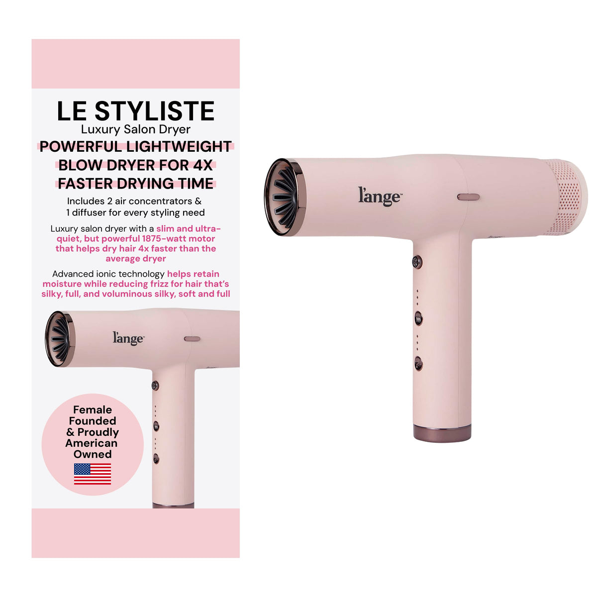 L'ANGE HAIR Le Styliste Luxury Hair Dryer | Quiet Brushless Blow Dryer with Diffuser | 1875 Watts for 4X Faster Drying | Hairdryer with 3 Heat & Speed Settings | Best Hair Dryers for Blowouts