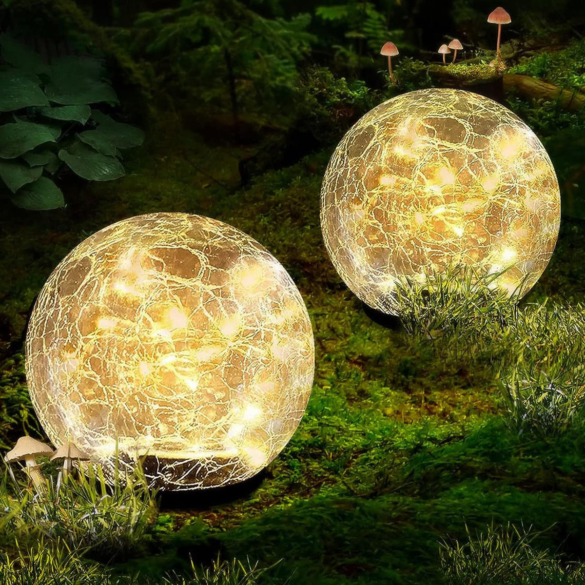 Coroor Garden Solar Ball Lights Outdoor Waterproof, 50 LED Cracked Glass Globe Solar Power Ground Lights for Path Yard Patio Lawn, Christmas Decoration Warm White (2-Pck 4.7'')