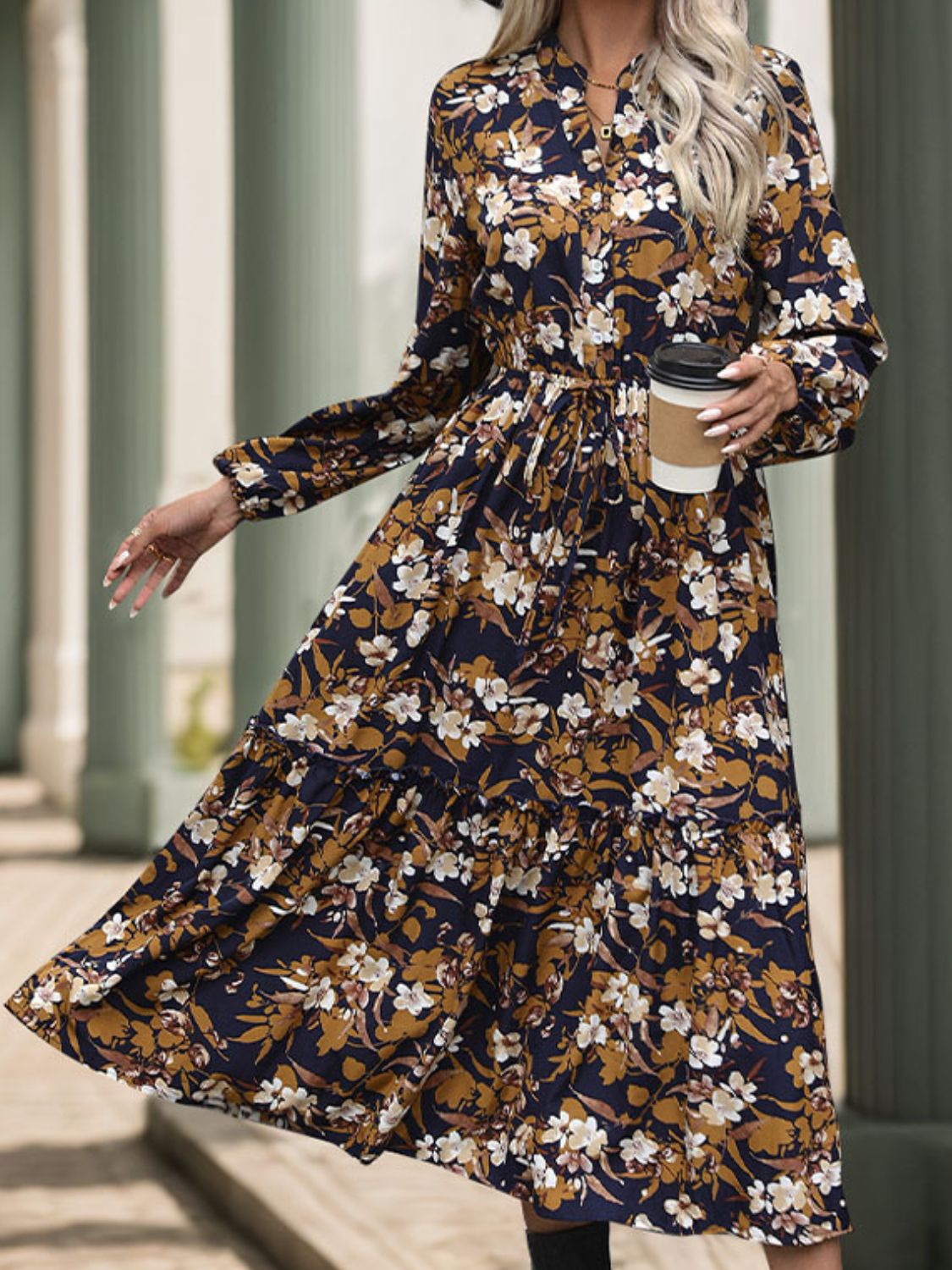 Perfee Printed Notched Long Sleeve Midi Dress