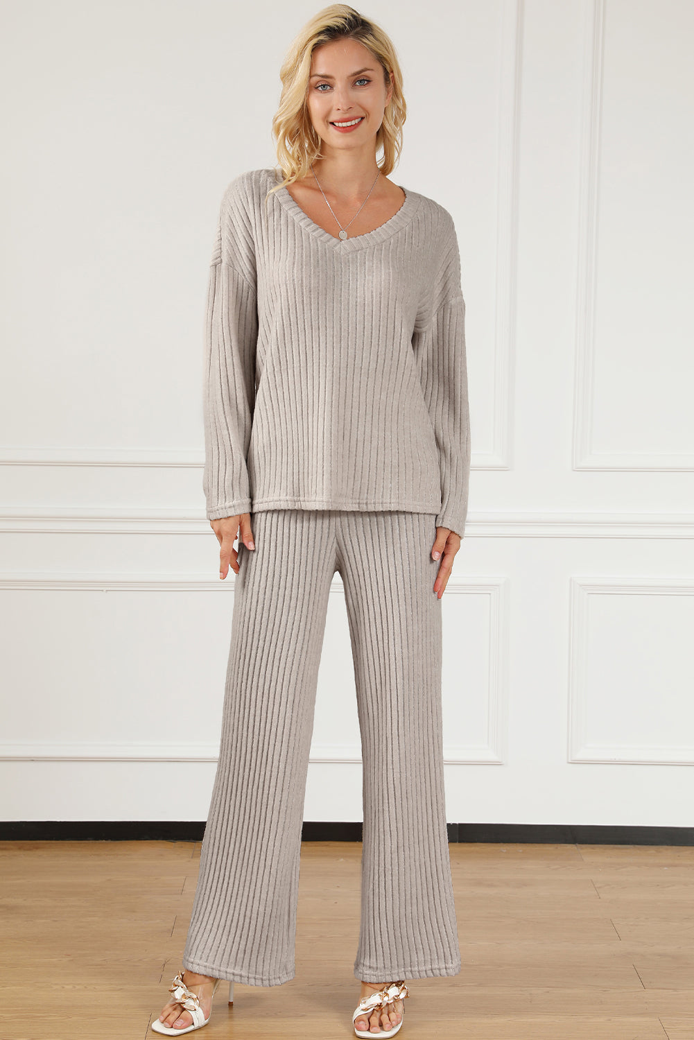 Ribbed V-Neck Top and Pants Lounge Set