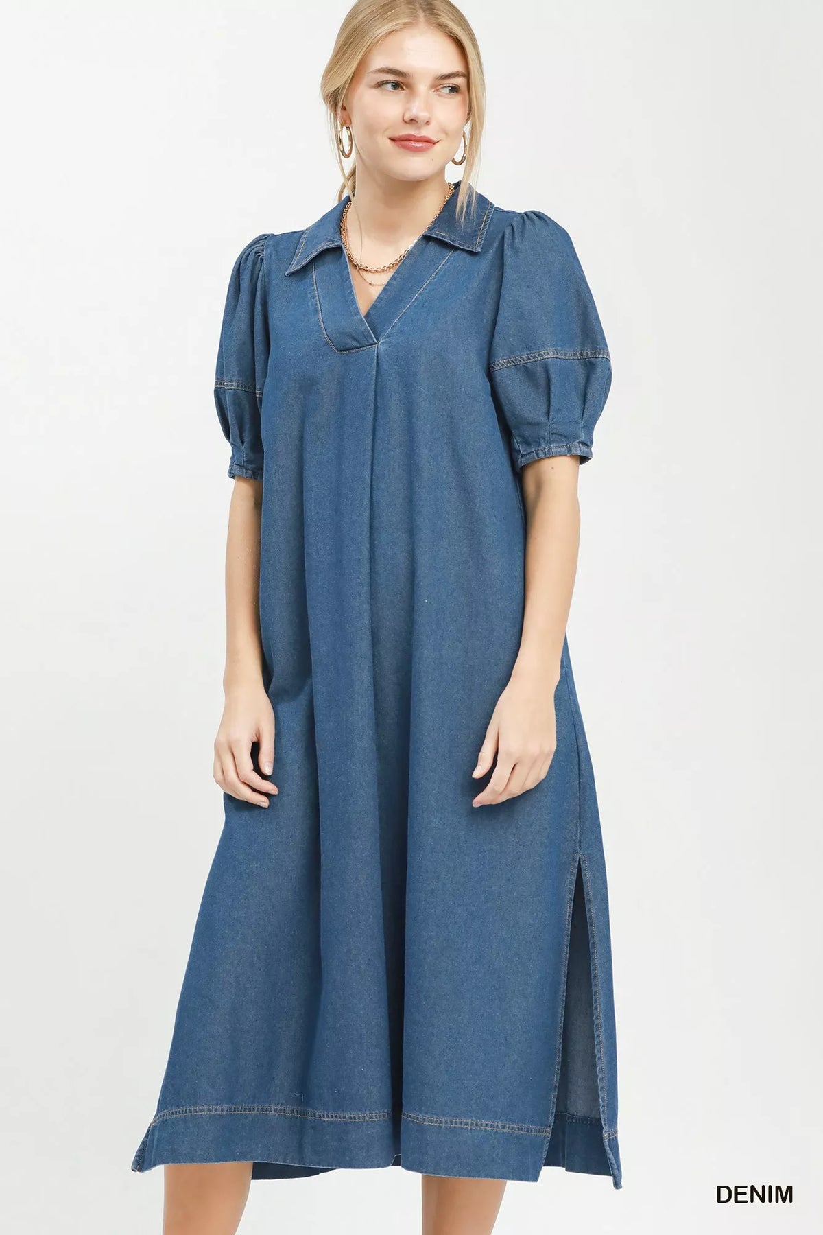 umgee denim dress V-Neck Shift With Trim Blue Mix / Large Relaxed with adjustable waist Womens Umgee Denim V-neck ruffle
