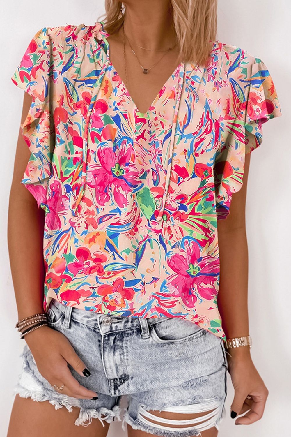 Ruffled Printed Tie Neck Blouse