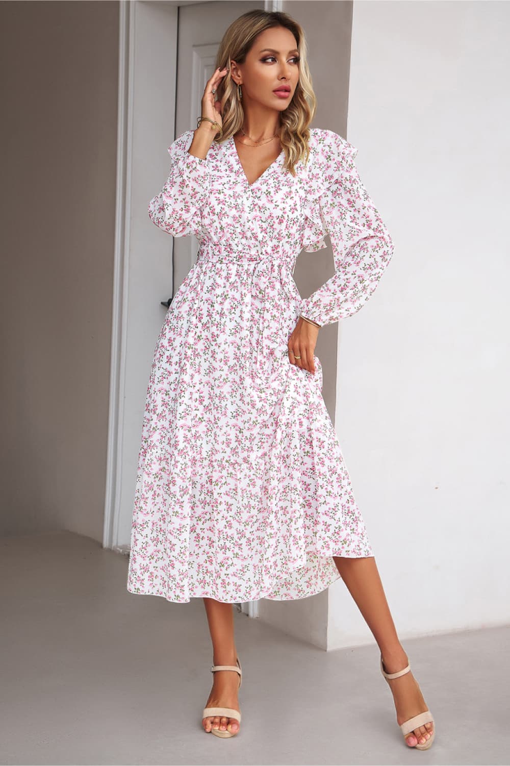 Surplice Neck Balloon Sleeve Midi Dress