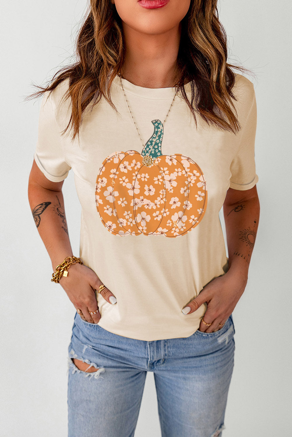 Pumpkin Graphic Round Neck Cuffed Tee