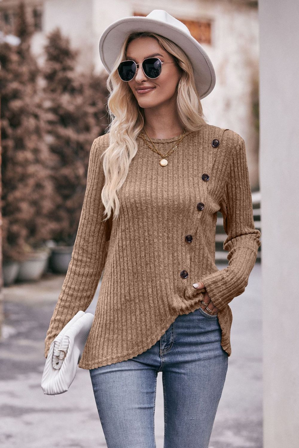 Ribbed Round Neck Buttoned Long Sleeve Tee