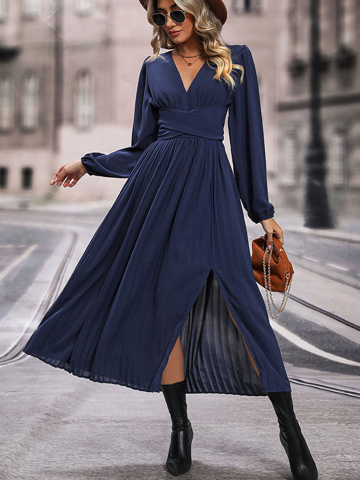 V-Neck Long Sleeve Pleated Slit Dress