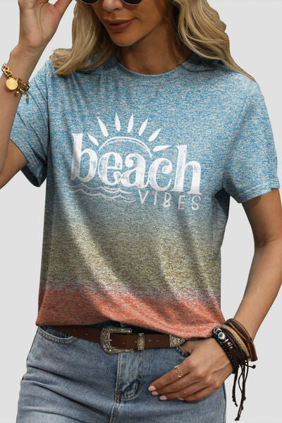 BEACH VIBES Round Neck Short Sleeve Graphic Tee